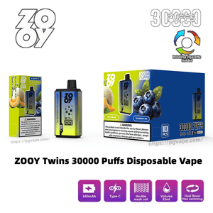 Product display for ZOOY Twins 30000 Puffs disposable vape showing a small rectangular device and two flavor boxes (Blueberry Ice and Triple Melon) with the ZOOY logo, a rotating-holder graphic, warning text, and icons for 650mAh battery, Type-C charging, double mesh coil, 35ml volume, and dual-flavor switching.