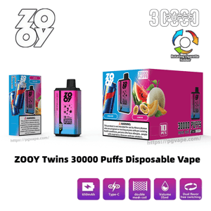 ZOOY Twins 30000 Puffs disposable vape promotional image featuring two gradient pink-to-blue vape devices, a large pink retail box with watermelon, cantaloupe and passionfruit illustrations, and icons for 650mAh battery, Type-C charging, double mesh coil, 35 ml e-liquid and dual-flavor switching.