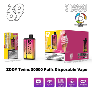 Promotional image showing Zooy Twins disposable vape: two gradient pink-to-yellow rectangular devices and a matching pink box labeled 30,000 puffs featuring strawberry ice cream and peach mango milkshake flavors, brand logo, warning text, and feature icons for 650mAh, Type-C charging, double mesh coil, 35ml volume, and dual-flavor switching.
