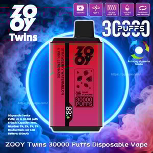 Red ZOOY Twins disposable vape device with a black mouthpiece labeled Strawberry Watermelon & Pink Lemonade and marked Dual Flavors 30000 PUFFS with a small digital battery display, centered inside a glowing blue neon ring against purple-blue smoke and surrounded by icons for 650mAh, Type-C charging, double mesh coil, 35ml capacity and product name text.
