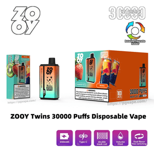 ZOOY Twins 30000 Puffs disposable vape display showing two colorful vape units and matching retail boxes with strawberry and energy drink flavor art, warning labels, a rotating-holder icon, and icons for 650mAh, Type‑C charging, double mesh coil, 35ml volume and dual‑flavor switching.