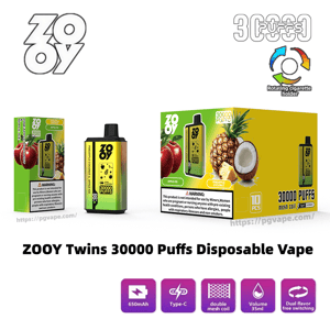 Advertisement for ZOOY Twins 30,000 Puffs disposable vape showing two green-yellow vape devices and a 10-piece boxed pack featuring apple and pineapple-coconut flavor images, brand logos, a rotating-cigarette-holder icon, warning text, and feature icons for 650mAh battery, Type‑C charging, double mesh coil, 35ml volume, and dual-flavor switching.