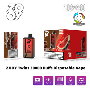 ZOOY Twins 30,000 puffs disposable vape devices and boxed packaging with watermelon and coffee imagery, showing features like 650mAh battery, Type‑C charging, double mesh coil, 35ml capacity and dual‑flavor switching.