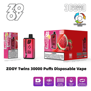 Promotional image of ZOOY Twins disposable vape showing a pink rectangular device and matching boxes highlighting 30,000 puffs, strawberry watermelon and pink lemonade flavors, a rotating-holder icon, and feature icons for 650mAh battery, Type‑C charging, double mesh coil, 35ml volume and dual‑flavor switching.