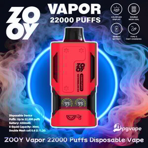 Vape jetable rouge ZOOY étiquetée “ 22000 PUFFS ” centrée sur un cercle de néon bleu avec une vapeur multicolore tourbillonnante, deux affichages de batterie LED sur l'appareil, ainsi que des icônes environnantes et des fonctionnalités de liste de texte comme une batterie de 650 mAh, une bobine à double maille, une charge rapide de type C, un écran LED couleur et un graphique de saveur de pastèque et de glace.