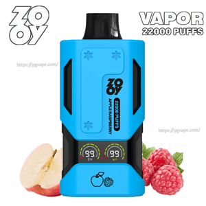 Appareil de vape jetable ZOOY bleu vif avec un embout noir, deux compteurs numériques circulaires et un étiquetage ' 22000 PUFFS ' et ' Apple Raspberry ' avec des icônes de pomme et de framboise, affiché sur un fond blanc à côté d'une pomme coupée en deux et de framboises fraîches.