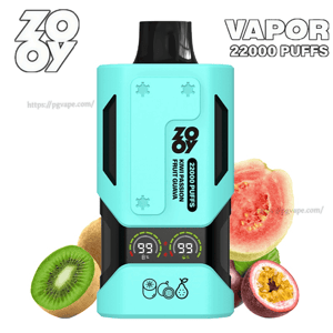 Appareil de vape jetable bleu aqua avec un embout noir et des accents latéraux, étiqueté ZOOY 22000 PUFFS et affichant deux indicateurs numériques circulaires, entourés de tranches de kiwi, de goyave et de fruit de la passion pour indiquer la saveur kiwi-passion-goyave.