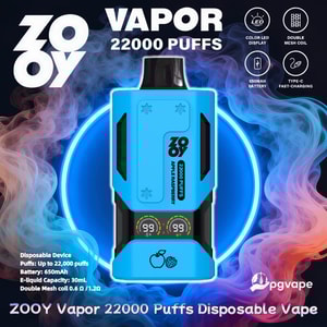 Klarblå ZOOY Vapor disponibel vape-enhet märkt 22000 puffar och äppelhallon centrerad på en neonring med virvlande rosa och blå ånga, omgiven av ikoner och text som markerar färg LED-display, dubbel mesh-spole, inbyggt batteri och Type-C snabbladdning.