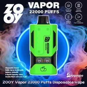 Grön ZOOY vape-enhet för engångsbruk märkt “22000 puffar” centrerad på en neonblå cirkulär bakgrund med virvlande rosa och blå ånga och små ikoner som indikerar LED-display, dubbelnätspole, 650 mAh batteri och Type-C snabbladdning.