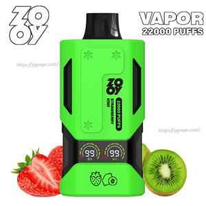 Vape jetable ZOOY vert vif avec un embout noir, étiqueté 22000 PUFFS et Strawberry Kiwi, affichant deux petits écrans numériques et des icônes de saveur, positionnés entre une tranche de fraise et une tranche de kiwi.
