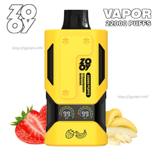 Vape jetable Zooy rectangulaire jaune avec un embout noir et deux affichages numériques de lecture 