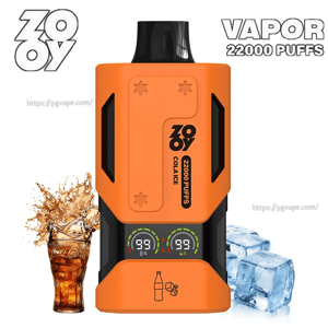 Appareil de vape jetable Zooy orange vif et noir étiqueté 22000 PUFFS et ' Cola Ice ' centré avec deux affichages numériques circulaires, un verre éclaboussant de cola à gauche et des glaçons à droite, et le texte ' VAPOR 22000 PUFFS ' en haut.