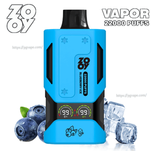 Appareil de vape jetable ZOOY bleu vif avec un embout noir étiqueté ' 22 000 bouffées ' et ' Blueberry Ice ', affichant deux affichages numériques et des icônes de saveur, sur un fond blanc avec des myrtilles et des glaçons à sa base.