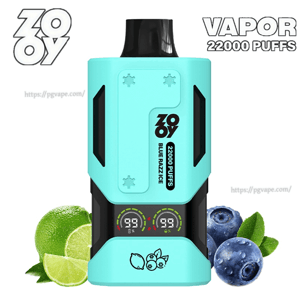 Appareil de vape jetable Turquoise Zooy avec un embout noir et deux jauges numériques, étiqueté ' 22000 PUFFS Blue Razz Ice ', illustré avec des myrtilles et des tranches de citron vert et le texte ' VAPOR 22000 PUFFS ' dans le coin.