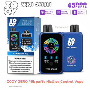 Blue Zooy Zero 45000 'Blueberry Ice' disposable vape and matching box, showing a colorful circular screen with snowflake icons and text labeling 45,000 puffs, Nic&Ice control, dual mesh coil, 1000mAh battery and a health warning.