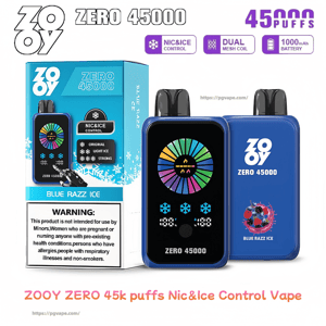 Blue ZOOY Zero 45000 disposable vape device shown front and back beside its matching 'Blue Razz Ice' box, featuring a colorful circular display, snowflake and Nic&Ice control icons, '45,000 puffs' and a warning label on the packaging.
