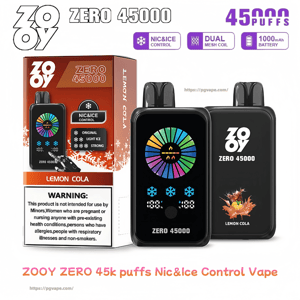 Product shot of Zooy Zero 45000 disposable vape showing a boxed Lemon Cola flavor and two black devices—one front-facing with a colorful circular LED display and ice-level icons, the other showing the ZOOY ZERO 45000 logo and lemon-cola splash art; packaging and header text advertise 45,000 puffs, Nic&Ice control, dual mesh coil and 1000 mAh battery, and a prominent warning label.