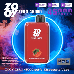 Red ZOOY Zero 45000 disposable vape device with black mouthpiece and Strawberry Watermelon label centered in a glowing blue ring against purple-blue vapor, with text and icons advertising 45,000 puffs, NIC&ICE control, dual mesh coil and 1000 mAh battery.
