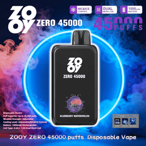 Black ZOOY Zero 45000 disposable vape device with logo and small blueberry-watermelon flavor graphic centered in a glowing blue ring against swirling purple and blue smoke, with bold “45,000 puffs” text and icons for NIC&ICE control, dual mesh coil and 1000mAh battery.