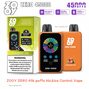 Product shot of an orange ZOOY ZERO 45000 disposable vape next to green Strawberry Kiwi packaging, featuring a colorful circular LCD display, icons for Nic & Ice control, dual mesh coil and 1000mAh battery, and prominent 