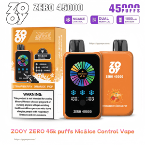 Two orange ZOOY Zero 45000 disposable vape devices and their matching box labeled Strawberry Orange Pop, featuring a colorful circular display on the device, Nic&Ice control and other feature icons, a 45,000 puffs claim, and a visible warning label.