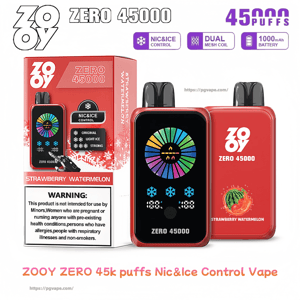 Red ZOOY Zero 45000 vape packaging and two devices—one front-facing with a colorful circular display and ice icons, the other showing the ZOOY logo and a strawberry-watermelon graphic—surrounded by labels for 45,000 puffs, NIC&ICE control, dual mesh coil, 1000 mAh battery, and a product warning panel.