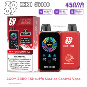 Red ZOOY Zero 45000 vape device with black mouthpiece and colorful circular display shown next to its matching 'Watermelon Ice' box, highlighting '45,000 puffs', Nic&Ice control icons, a watermelon graphic, and a warning label.