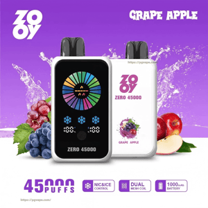 Advertisement showing two ZOOY Zero 45000 vape devices — a black-front unit with a colorful circular display and a white-back unit branded 'ZOOY ZERO 45000' with a grape-and-apple illustration — on a purple background with grapes, apple halves and water splashes and text highlighting 45,000 puffs, nic & ice control, dual mesh coil and 1000 mAh battery.