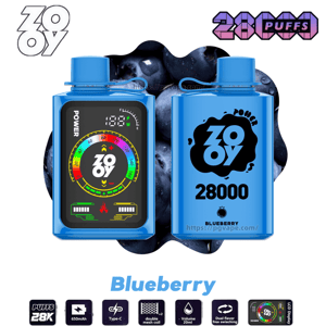Two bright blue disposable vape devices against a backdrop of blueberries—left shows a front color LCD with a circular power gauge and ZOOY logo, right shows the back with a ZOOY logo, large 
