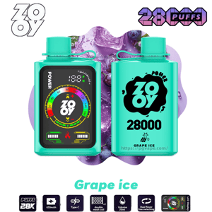 Front-and-back view of two turquoise Zooy 28,000-puff disposable vape devices—front shows a colorful digital gauge display and power readout, back shows '28000' and 'Grape Ice' branding—set against a purple grape graphic with small icons indicating 28K puffs, 650mAh, Type-C charging, double mesh, and dual-flavor features.