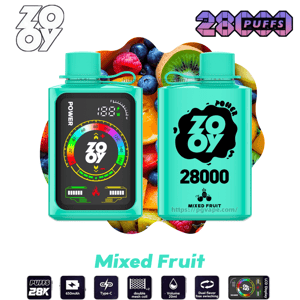 Turquoise rectangular disposable vape shown front and back, one side with a colorful digital gauge display and the other with a bold ZOOY logo, '28000' and 'Mixed Fruit' labeling, set against a background of assorted fruit and '28K puffs' branding.