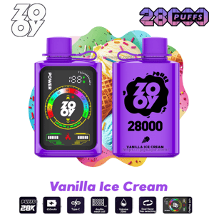 Two purple rectangular Zooy vape devices side-by-side—left with a colorful digital power display and circular gauge, right showing a black Zooy logo, '28000' and 'Vanilla Ice Cream' text—set against pastel ice cream scoops with sprinkles and small feature icons beneath.