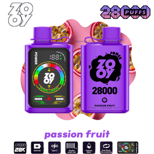 Two purple rectangular Zooy vape devices side by side — the front shows a colorful digital gauge and display, the back shows a black Zooy logo with '28000' and 'Passion Fruit' text — set against sliced passion fruit images with a 'passion fruit' headline and small feature icons below.