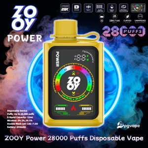 Yellow ZOOY Power disposable vape device centered on a smoky blue and purple background, featuring a digital front display with a multicolored circular power gauge, battery icons and ZOOY logo, surrounded by text and icons advertising 28,000 puffs and product specifications.