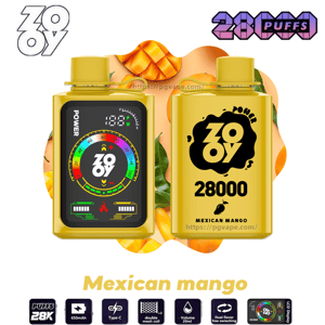 Two yellow Zooy disposable vape devices shown front and back against a backdrop of sliced mangoes; the front device displays a colorful circular digital gauge and power readouts, the back shows the Zooy logo, '28000' and 'Mexican Mango' text, with brand logos and small icons beneath indicating features like 28K puffs, 650mAh, Type-C charging, double mesh, and dual flavor.