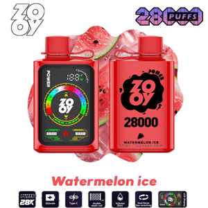 Two red ZOOY disposable vape devices shown front and back against a sliced watermelon background; the front displays a colorful digital power and battery gauge on a screen, the back shows a black ZOOY logo, '28000' puff count and 'Watermelon Ice' flavor, with 'Watermelon ice' text and small specification icons beneath.