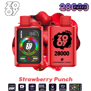 Two red ZOOY disposable vape devices shown front and back over a strawberry background, front with a colorful circular digital display and the back labeled 28000 and Strawberry Punch, with flavor and feature icons below indicating 28K puffs, 650mAh, Type‑C charging, double mesh and dual‑flavor capability.
