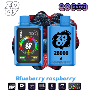 Front and back views of a bright blue ZOOY 28000 disposable vape device showing a colorful digital display on the front and '28000' with 'Blueberry Raspberry' branding on the back, placed over a background of blueberries and raspberries with a 'Blueberry raspberry' label and specification icons beneath.