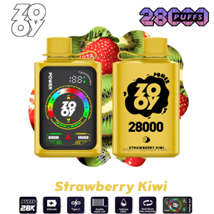 Two yellow rectangular Zooy vape devices side by side—left displays a colorful digital dashboard with gauge and battery icons, right shows a black Zooy logo and the number 28000 with 'Strawberry Kiwi' text—set against a backdrop of sliced strawberries and kiwis.