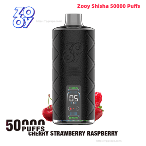 Black textured Zooy Shisha disposable vape device with a translucent mouthpiece and a small digital display reading '05' and battery icons, shown standing with cherry, strawberry and raspberry fruits at its base and '50,000 puffs' text nearby.