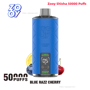 Blue Zooy Shisha 50,000-puff disposable vape with a textured blue body and small digital display, labeled Blue Razz Cherry, pictured with blue raspberry and cherry accents and brand logo on a white background.