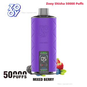 Purple Zooy Shisha disposable vape with a metallic mouthpiece and textured body, a small digital display reading 05 with battery indicators, surrounded by mixed berries and labeled 50,000 puffs and MIXED BERRY