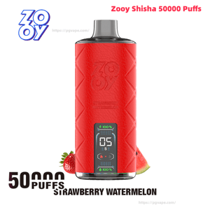Red Zooy Shisha disposable vape with a gray mouthpiece and textured diagonal pattern, front digital display reading “05” with 100% battery, shown with a strawberry and watermelon slice and 50,000 puffs/Strawberry Watermelon labeling
