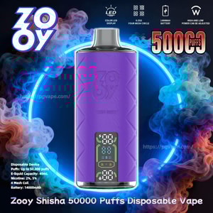 Purple Zooy disposable vape with a silver mouthpiece centered against a neon blue ring and swirling multicolored vapor, showing a small digital LED display at the base and branding text advertising 50,000 puffs.