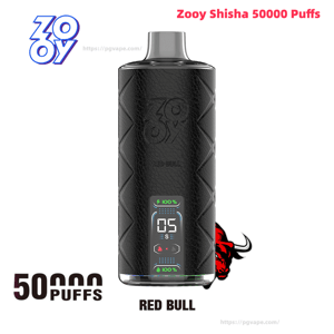 Black textured Zooy Shisha disposable vape device with a small digital display reading '05', Red Bull branding and a red bull logo beside '50,000 puffs' text on a white background.