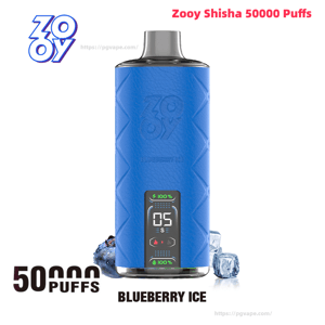 Blue Zooy Shisha disposable vape device with a small digital display showing '05' and battery icons, pictured with blueberries and ice cubes and text indicating 50,000 puffs and the flavor Blueberry Ice.