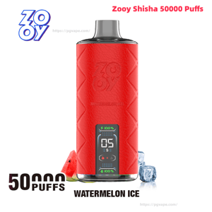 Red Zooy Shisha disposable vape with a textured exterior and small digital display, labeled Watermelon Ice, shown with a watermelon slice, ice cubes, and 50,000 puffs branding
