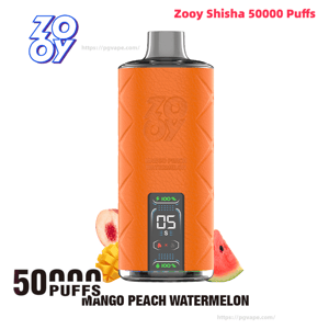 Orange Zooy Shisha disposable vape device with textured body and grey mouthpiece, front digital display reading '05', shown on a white background with mango, peach and watermelon slices and '50,000 puffs' text.