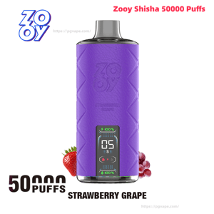 Purple Zooy Shisha disposable vape with textured casing and metallic mouthpiece, small front digital screen showing 05 and full battery, labeled 50,000 puffs and Strawberry Grape with strawberry and grape illustrations