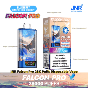 Box and matching device of a JNR Falcon Pro disposable vape in Blueberry Raspberry Cherry flavor featuring a falcon illustration, '28,000 puffs' and flavor labels, a small digital display on the device, and a prominent nicotine addiction warning on the packaging.
